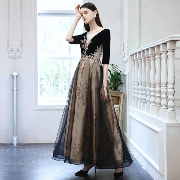 Elegant Black Dancing Prom Dresses 2021 A-Line / Princess See-through Deep V-Neck 1/2 Sleeves Appliques Sequins Floor-Length / Long Ruffle Backless Formal Dresses