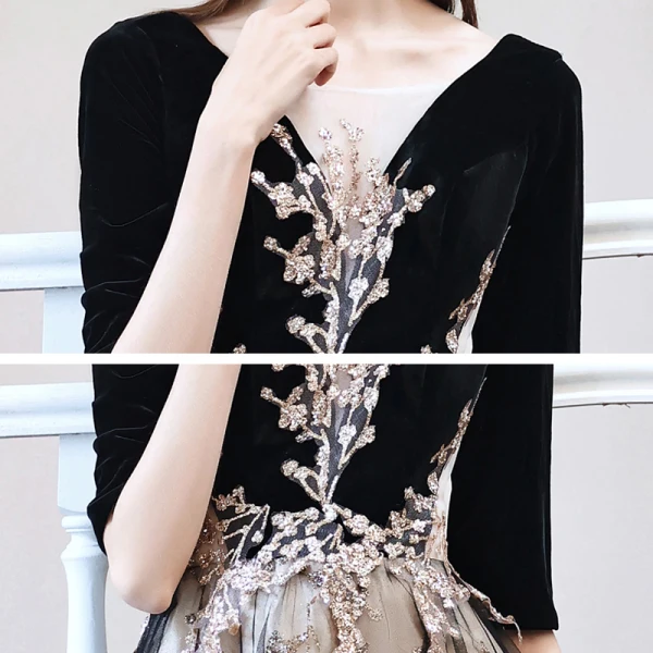 Elegant Black Dancing Prom Dresses 2021 A-Line / Princess See-through Deep V-Neck 1/2 Sleeves Appliques Sequins Floor-Length / Long Ruffle Backless Formal Dresses
