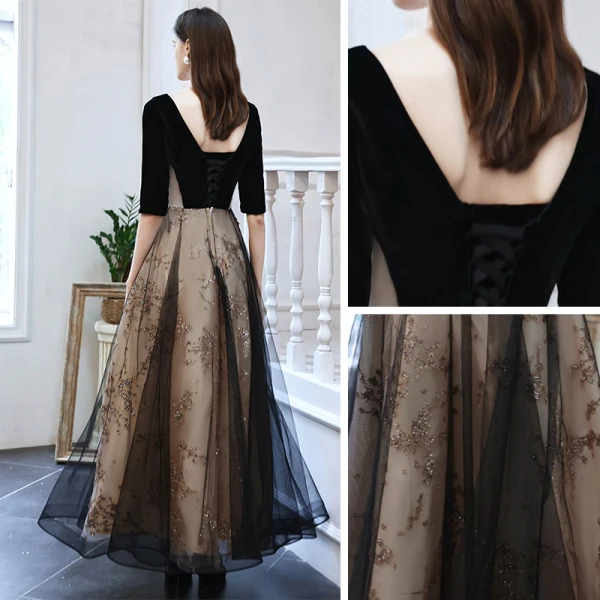 Elegant Black Dancing Prom Dresses 2021 A-Line / Princess See-through Deep V-Neck 1/2 Sleeves Appliques Sequins Floor-Length / Long Ruffle Backless Formal Dresses