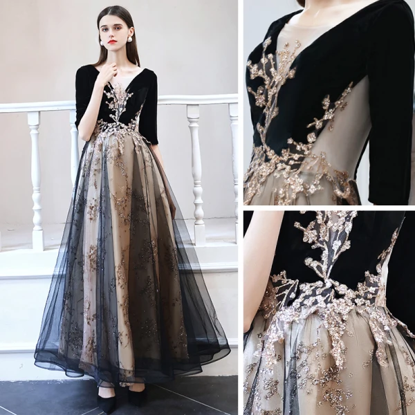 Elegant Black Dancing Prom Dresses 2021 A-Line / Princess See-through Deep V-Neck 1/2 Sleeves Appliques Sequins Floor-Length / Long Ruffle Backless Formal Dresses