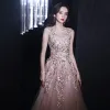 Flower Fairy Blushing Pink Floral Prom Dresses A-Line / Princess 2021 Scoop Neck Sleeveless Appliques Lace Beading Floor-Length / Long Ruffle Formal Dresses