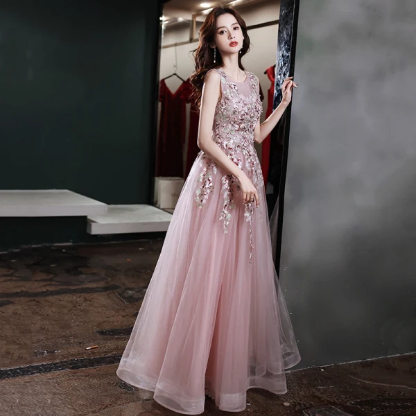 Flower Fairy Blushing Pink Floral Prom Dresses A-Line / Princess 2021 Scoop Neck Sleeveless Appliques Lace Beading Floor-Length / Long Ruffle Formal Dresses