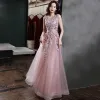 Flower Fairy Blushing Pink Floral Prom Dresses A-Line / Princess 2021 Scoop Neck Sleeveless Appliques Lace Beading Floor-Length / Long Ruffle Formal Dresses