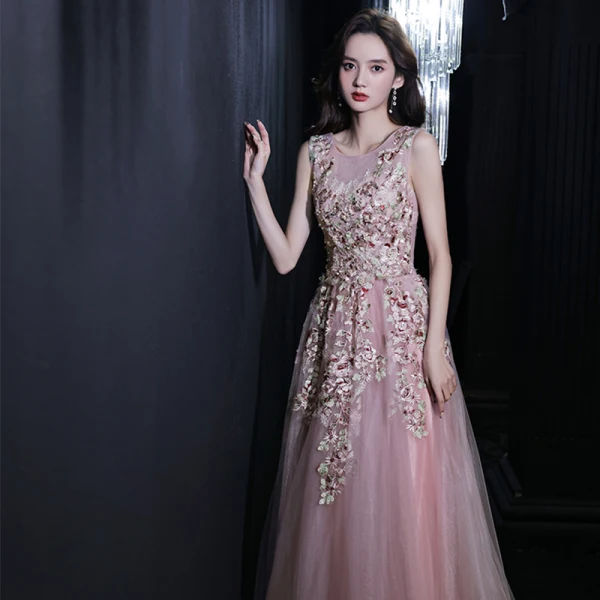 Flower Fairy Blushing Pink Floral Prom Dresses A-Line / Princess 2021 Scoop Neck Sleeveless Appliques Lace Beading Floor-Length / Long Ruffle Formal Dresses