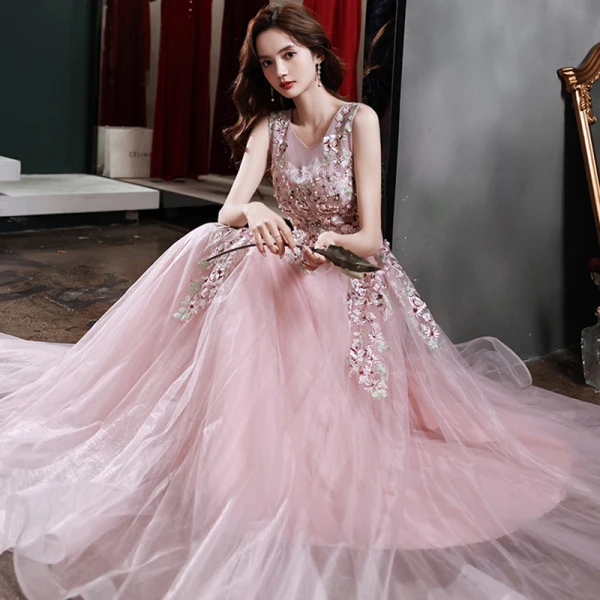 Flower Fairy Blushing Pink Floral Prom Dresses A-Line / Princess 2021 Scoop Neck Sleeveless Appliques Lace Beading Floor-Length / Long Ruffle Formal Dresses