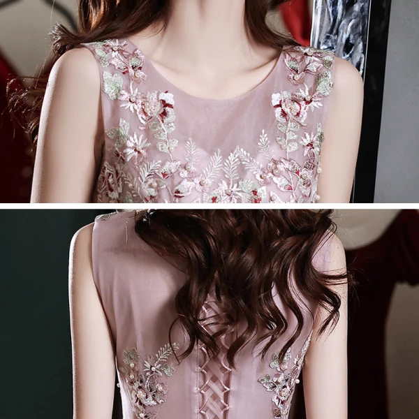 Flower Fairy Blushing Pink Floral Prom Dresses A-Line / Princess 2021 Scoop Neck Sleeveless Appliques Lace Beading Floor-Length / Long Ruffle Formal Dresses