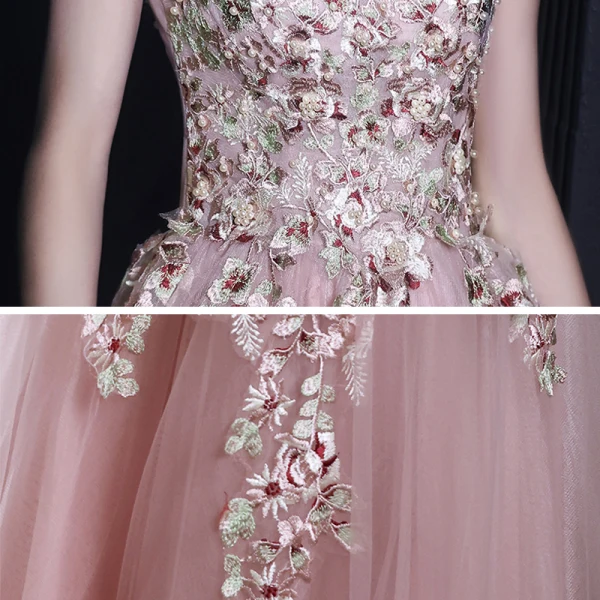 Flower Fairy Blushing Pink Floral Prom Dresses A-Line / Princess 2021 Scoop Neck Sleeveless Appliques Lace Beading Floor-Length / Long Ruffle Formal Dresses