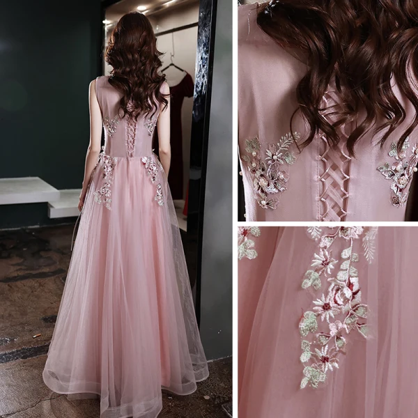 Flower Fairy Blushing Pink Floral Prom Dresses A-Line / Princess 2021 Scoop Neck Sleeveless Appliques Lace Beading Floor-Length / Long Ruffle Formal Dresses