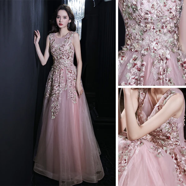 Flower Fairy Blushing Pink Floral Prom Dresses A-Line / Princess 2021 Scoop Neck Sleeveless Appliques Lace Beading Floor-Length / Long Ruffle Formal Dresses