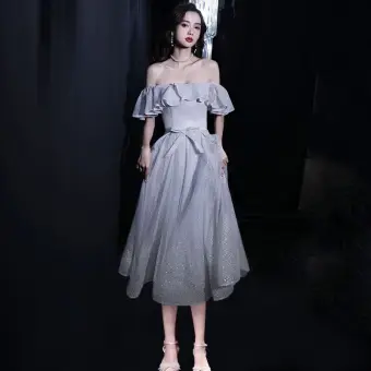 Bling Bling Silver Homecoming Graduation Dresses 2021 A Line Princess Off The Shoulder Short Sleeve Glitter Polyester Tea Length Ruffle Backless Formal Dresses