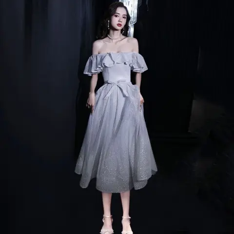 Bling Bling Silver Homecoming Graduation Dresses 2021 A-Line / Princess Off-The-Shoulder Short Sleeve Glitter Polyester Tea-length Ruffle Backless Formal Dresses