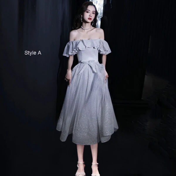 Bling Bling Silver Homecoming Graduation Dresses 2021 A-Line / Princess Off-The-Shoulder Short Sleeve Glitter Polyester Tea-length Ruffle Backless Formal Dresses