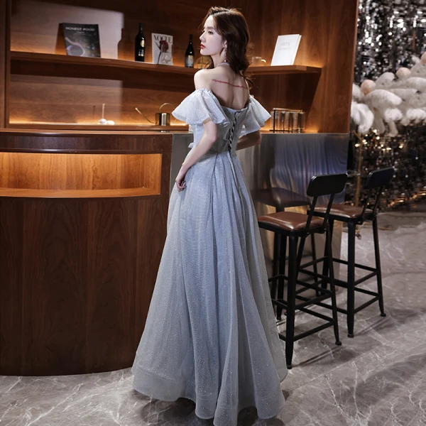 Bling Bling Silver Homecoming Graduation Dresses 2021 A-Line / Princess Off-The-Shoulder Short Sleeve Glitter Polyester Tea-length Ruffle Backless Formal Dresses