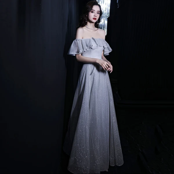 Bling Bling Silver Homecoming Graduation Dresses 2021 A-Line / Princess Off-The-Shoulder Short Sleeve Glitter Polyester Tea-length Ruffle Backless Formal Dresses