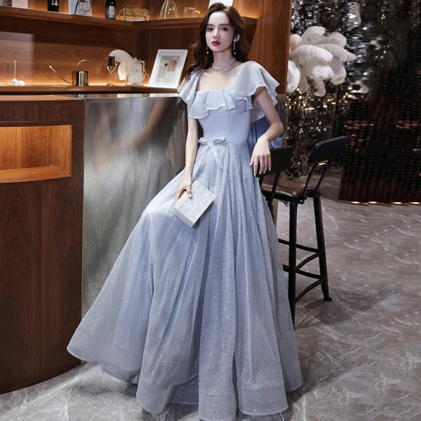 Bling Bling Silver Homecoming Graduation Dresses 2021 A-Line / Princess Off-The-Shoulder Short Sleeve Glitter Polyester Tea-length Ruffle Backless Formal Dresses