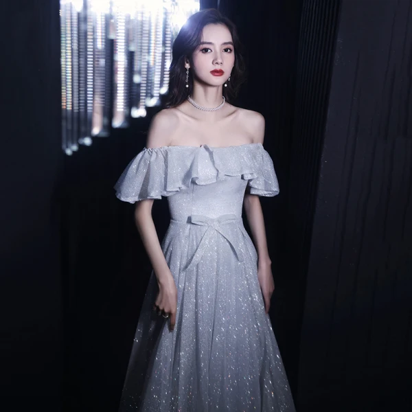 Bling Bling Silver Homecoming Graduation Dresses 2021 A-Line / Princess Off-The-Shoulder Short Sleeve Glitter Polyester Tea-length Ruffle Backless Formal Dresses