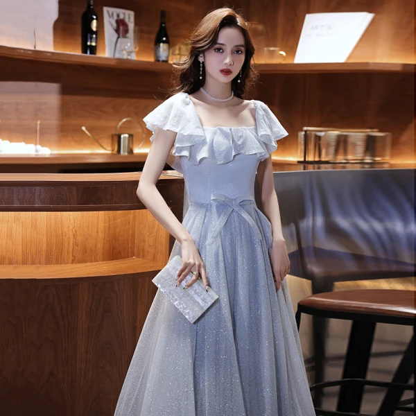 Bling Bling Silver Homecoming Graduation Dresses 2021 A-Line / Princess Off-The-Shoulder Short Sleeve Glitter Polyester Tea-length Ruffle Backless Formal Dresses
