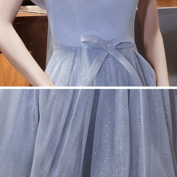 Bling Bling Silver Homecoming Graduation Dresses 2021 A-Line / Princess Off-The-Shoulder Short Sleeve Glitter Polyester Tea-length Ruffle Backless Formal Dresses
