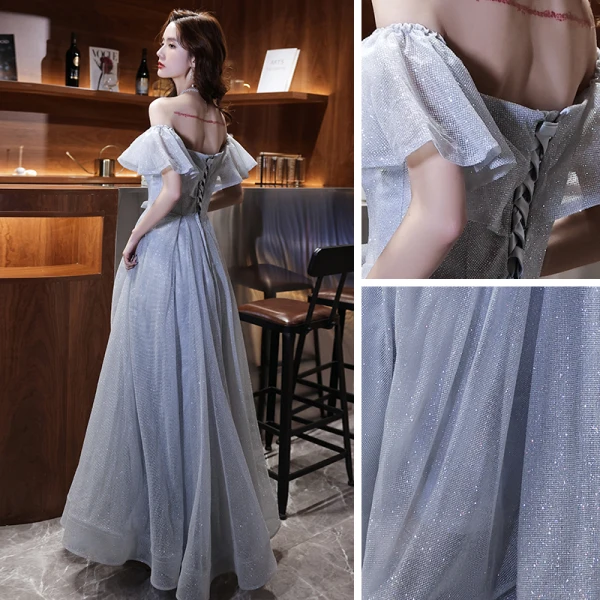Bling Bling Silver Homecoming Graduation Dresses 2021 A-Line / Princess Off-The-Shoulder Short Sleeve Glitter Polyester Tea-length Ruffle Backless Formal Dresses