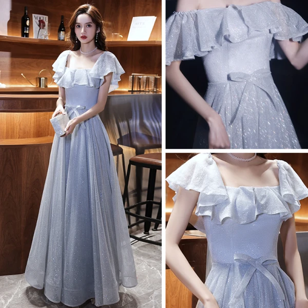 Bling Bling Silver Homecoming Graduation Dresses 2021 A-Line / Princess Off-The-Shoulder Short Sleeve Glitter Polyester Tea-length Ruffle Backless Formal Dresses
