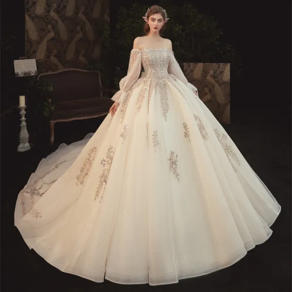 Luxury / Gorgeous Champagne Bridal Wedding Dresses 2021 Ball Gown Off-The-Shoulder Puffy Long Sleeve Backless Appliques Lace Beading Sequins Glitter Tulle Cathedral Train Ruffle