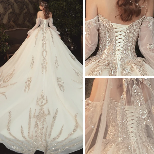 Luxus / Herrlich Champagner Hochzeits Brautkleider / Hochzeitskleider 2021 Ballkleid Off Shoulder Geschwollenes Lange Ärmel Rückenfreies Applikationen Spitze Perlenstickerei Pailletten Glanz Tülle Kathedrale Schleppe Rüschen