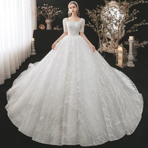 Vintage Retro White Bridal Wedding Dresses 2021 Ball Gown Square Neckline 1 2 Sleeves Backless Appliques Lace Beading Cathedral Train Ruffle