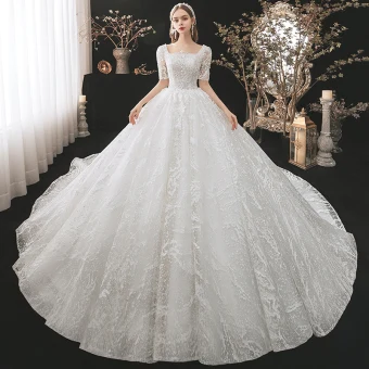Vintage Originale Blanche La Mariée Robe De Mariée 2021 Robe Boule Encolure Carrée 1 2 Manches Dos Nu Appliques En Dentelle Perlage Cathedral Train Volants