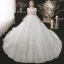 Vintage / Retro White Bridal Wedding Dresses 2021 Ball Gown Square Neckline 1/2 Sleeves Backless Appliques Lace Beading Cathedral Train Ruffle