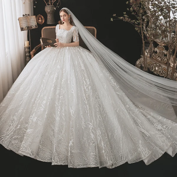 Vintage / Retro White Bridal Wedding Dresses 2021 Ball Gown Square Neckline 1/2 Sleeves Backless Appliques Lace Beading Cathedral Train Ruffle