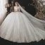 Vintage / Retro White Bridal Wedding Dresses 2021 Ball Gown Square Neckline 1/2 Sleeves Backless Appliques Lace Beading Cathedral Train Ruffle