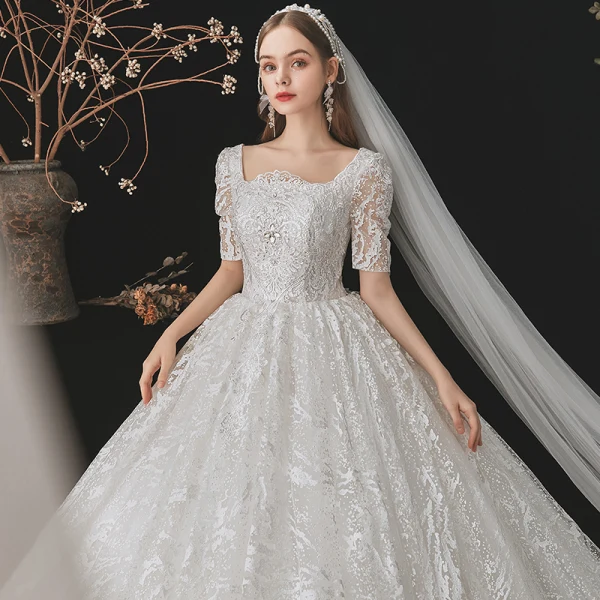 Vintage / Retro White Bridal Wedding Dresses 2021 Ball Gown Square Neckline 1/2 Sleeves Backless Appliques Lace Beading Cathedral Train Ruffle