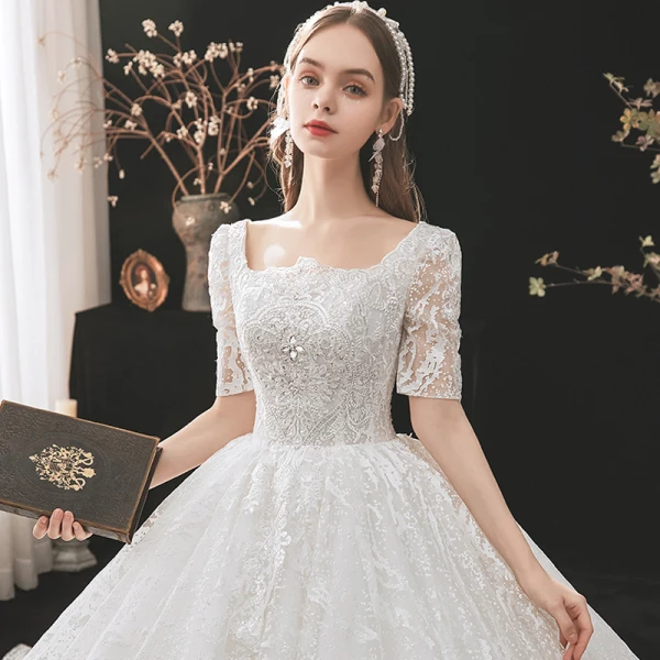 Vintage / Retro White Bridal Wedding Dresses 2021 Ball Gown Square Neckline 1/2 Sleeves Backless Appliques Lace Beading Cathedral Train Ruffle