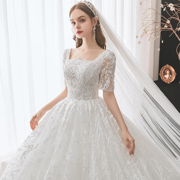 Vintage / Retro White Bridal Wedding Dresses 2021 Ball Gown Square Neckline 1/2 Sleeves Backless Appliques Lace Beading Cathedral Train Ruffle