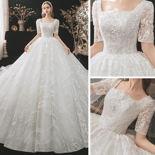 Vintage / Retro White Bridal Wedding Dresses 2021 Ball Gown Square Neckline 1/2 Sleeves Backless Appliques Lace Beading Cathedral Train Ruffle