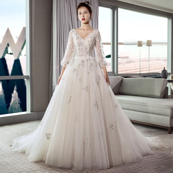 Elegant Ivory Wedding Dresses 2018 A-Line / Princess V-Neck Puffy 3/4 Sleeve  Backless Star