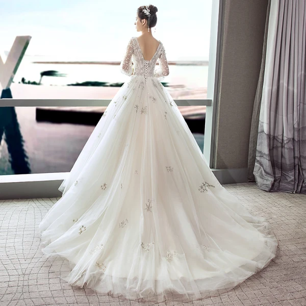 Elegant Ivory Wedding Dresses 2018 A-Line / Princess V-Neck Puffy 3/4 Sleeve Backless Star Appliques Lace Beading Pearl Court Train Ruffle