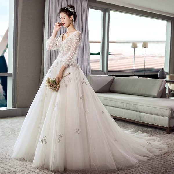 Elegant Ivory Wedding Dresses 2018 A-Line / Princess V-Neck Puffy 3/4 Sleeve Backless Star Appliques Lace Beading Pearl Court Train Ruffle