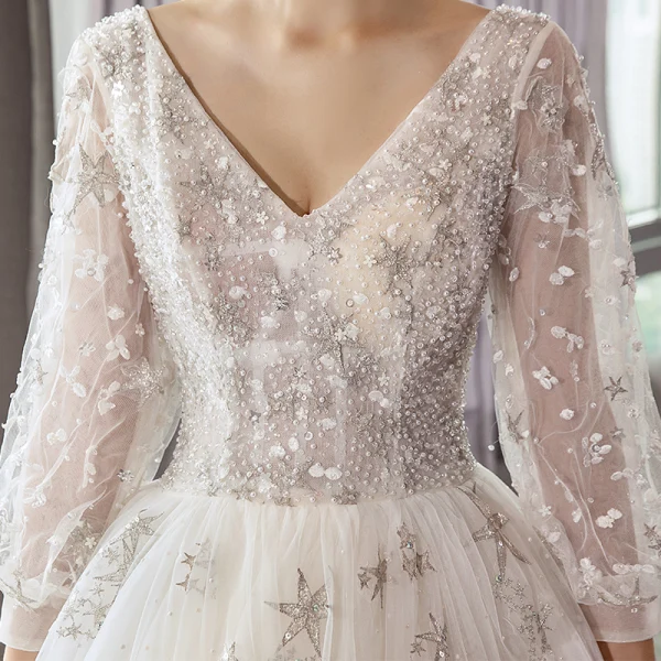 Elegant Ivory Wedding Dresses 2018 A-Line / Princess V-Neck Puffy 3/4 Sleeve Backless Star Appliques Lace Beading Pearl Court Train Ruffle