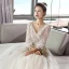 Elegant Ivory Wedding Dresses 2018 A-Line / Princess V-Neck Puffy 3/4 Sleeve Backless Star Appliques Lace Beading Pearl Court Train Ruffle
