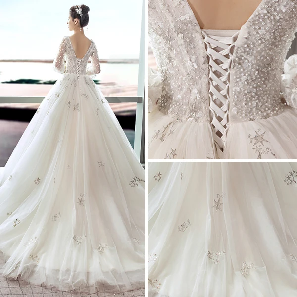 Elegant Ivory Wedding Dresses 2018 A-Line / Princess V-Neck Puffy 3/4 Sleeve Backless Star Appliques Lace Beading Pearl Court Train Ruffle