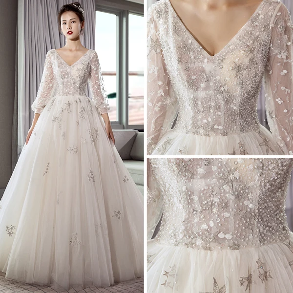 Elegant Ivory Wedding Dresses 2018 A-Line / Princess V-Neck Puffy 3/4 Sleeve Backless Star Appliques Lace Beading Pearl Court Train Ruffle
