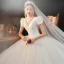 Vintage Champagner Hochzeits Brautkleider / Hochzeitskleider 2021 Ballkleid V-Ausschnitt Geschwollenes Kurze Ärmel Rückenfreies Perlenstickerei Kathedrale Schleppe Rüschen