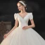 Vintage Champagner Hochzeits Brautkleider / Hochzeitskleider 2021 Ballkleid V-Ausschnitt Geschwollenes Kurze Ärmel Rückenfreies Perlenstickerei Kathedrale Schleppe Rüschen
