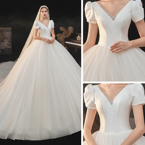 Vintage Champagner Hochzeits Brautkleider / Hochzeitskleider 2021 Ballkleid V-Ausschnitt Geschwollenes Kurze Ärmel Rückenfreies Perlenstickerei Kathedrale Schleppe Rüschen
