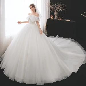 Modest Simple White Bridal Wedding Dresses 2021 Ball Gown Off The Shoulder Short Sleeve Backless Beading Glitter Tulle Cathedral Train Ruffle