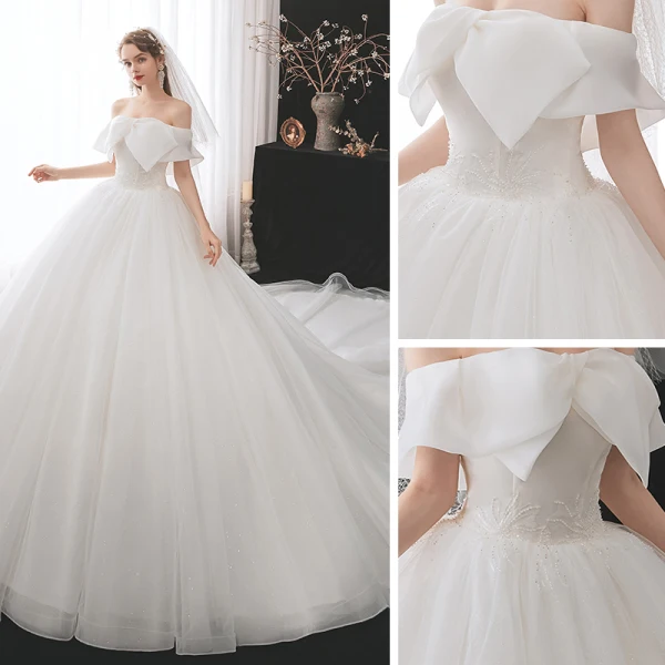 Schlicht Weiß Hochzeits Brautkleider / Hochzeitskleider 2021 Ballkleid Off Shoulder Kurze Ärmel Rückenfreies Perlenstickerei Glanz Tülle Kathedrale Schleppe Rüschen