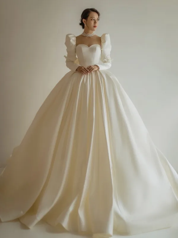 Vintage / Originale Ivoire Satin La Mariée Robe De Mariée 2021 Robe Boule Transparentes Col Haut Gonflée Manches Longues Dos Nu Perlage Perle Cathedral Train Volants