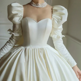 Vintage Originale Ivoire Satin La Mariée Robe De Mariée 2021 Robe Boule Transparentes Col Haut Gonflée Manches Longues Dos Nu Perlage Perle Cathedral Train Volants