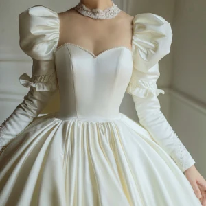 Vintage Retro Ivory Satin Bridal Wedding Dresses 2021 Ball Gown See Through High Neck Puffy Long Sleeve Backless Beading Pearl Cathedral Train Ruffle
